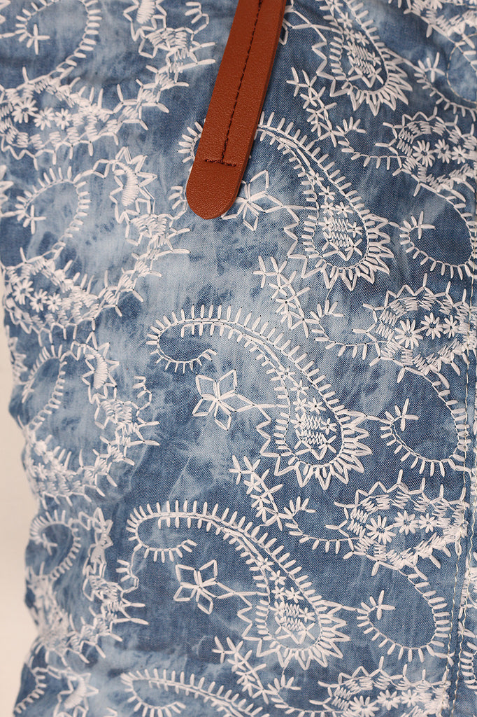 Embroidered Paisley Reversible Denim Tote Bag