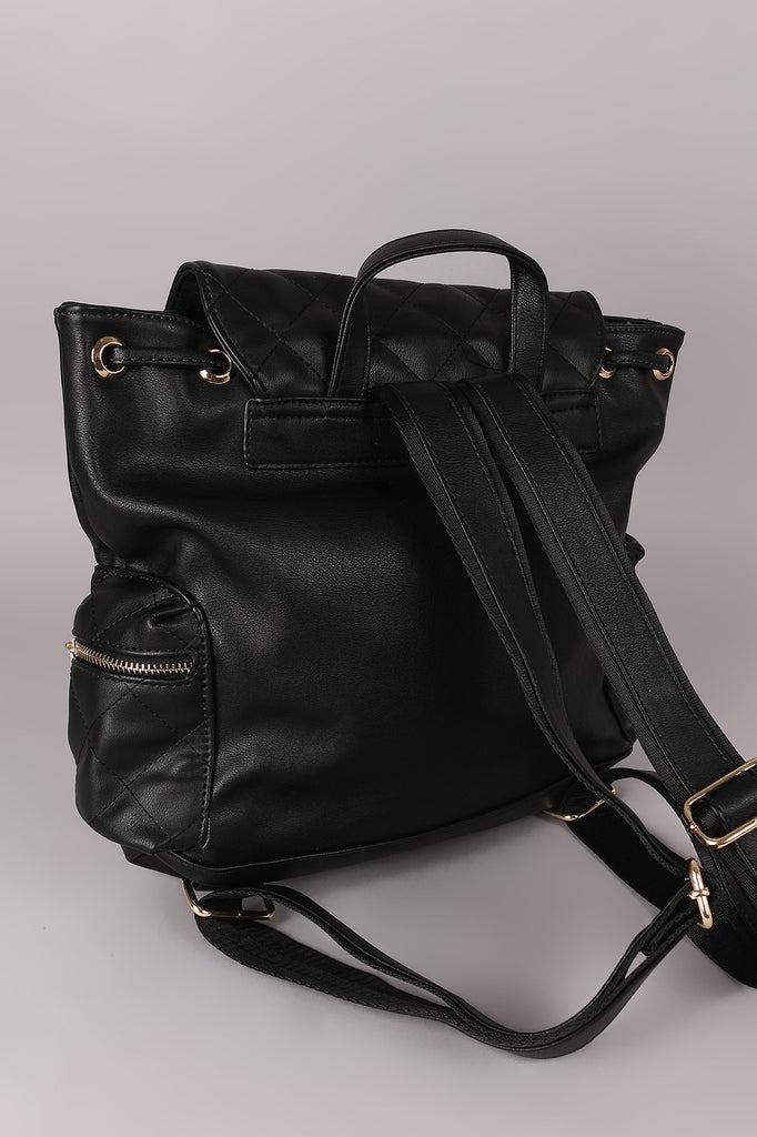 Vegan Leather Quilted Pullstring Backpack