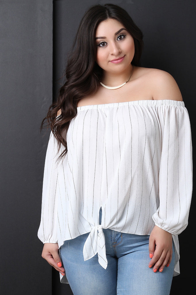 Striped Bardot Self-Tie High Low Top