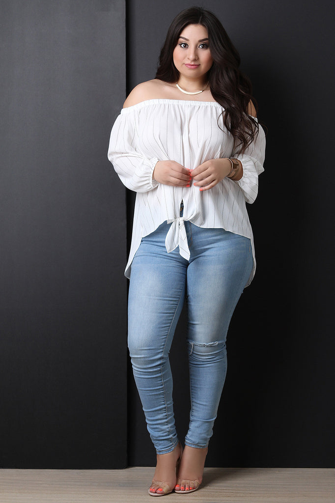 Striped Bardot Self-Tie High Low Top