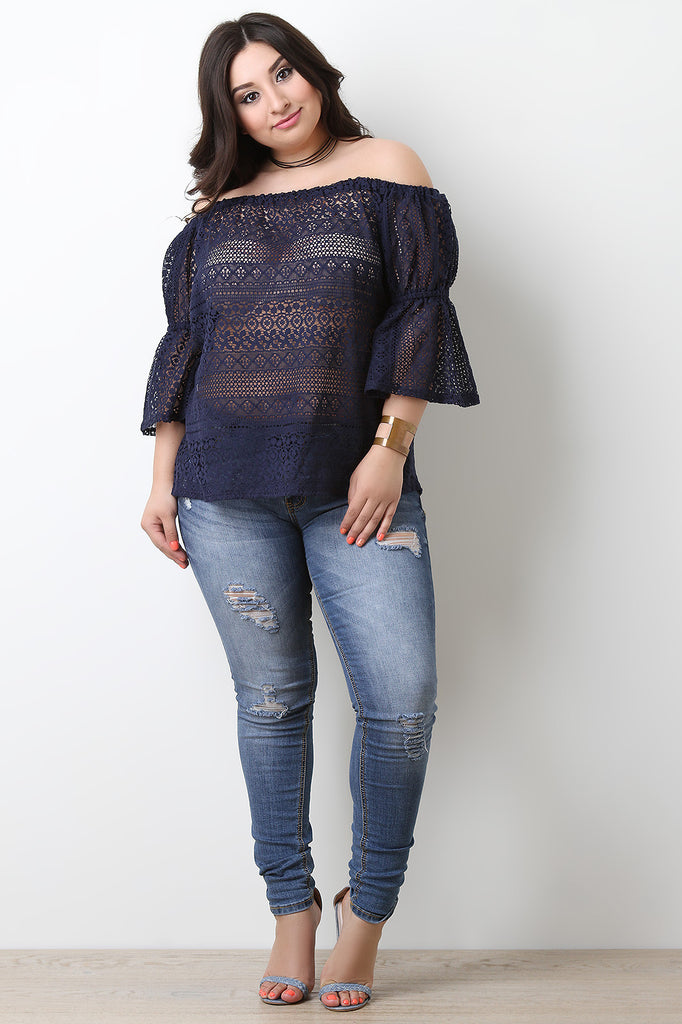 Crochet Bardot Bell Sleeves Top