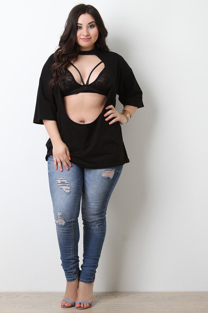 Raw Front Cutout Mock Choker Oversized Tee