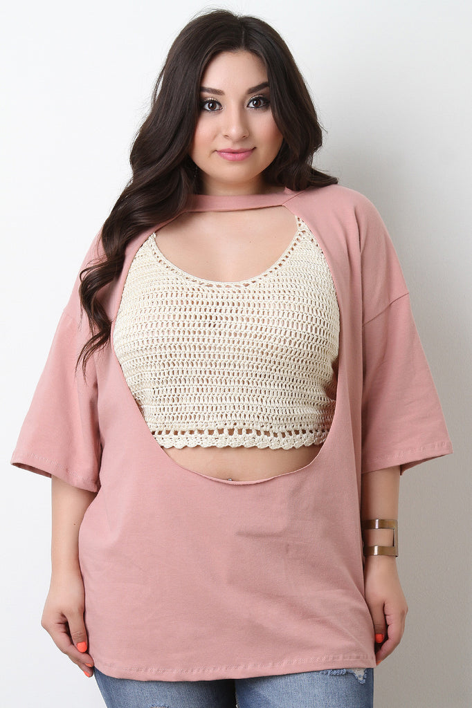 Raw Front Cutout Mock Choker Oversized Tee