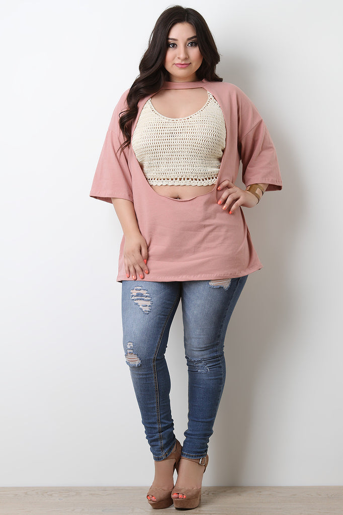 Raw Front Cutout Mock Choker Oversized Tee
