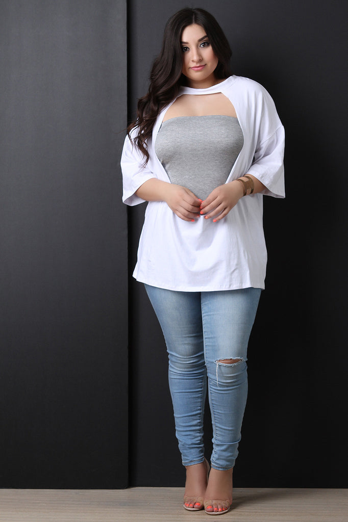 Raw Front Cutout Mock Choker Oversized Tee