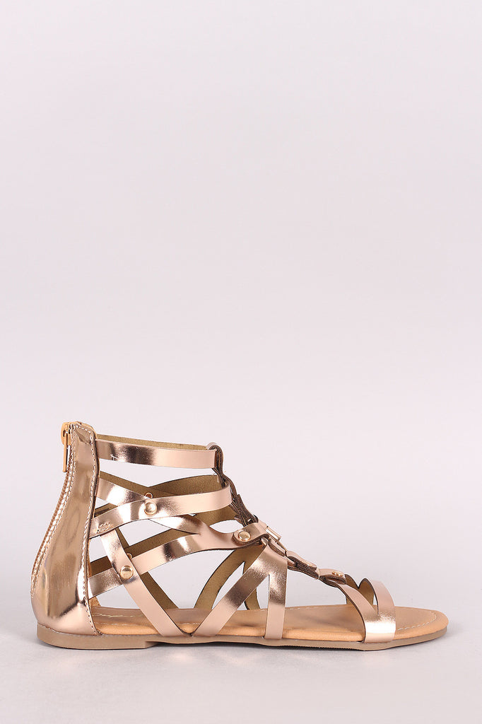 Qupid Metallic O-Ring Strappy Gladiator Flat Sandal