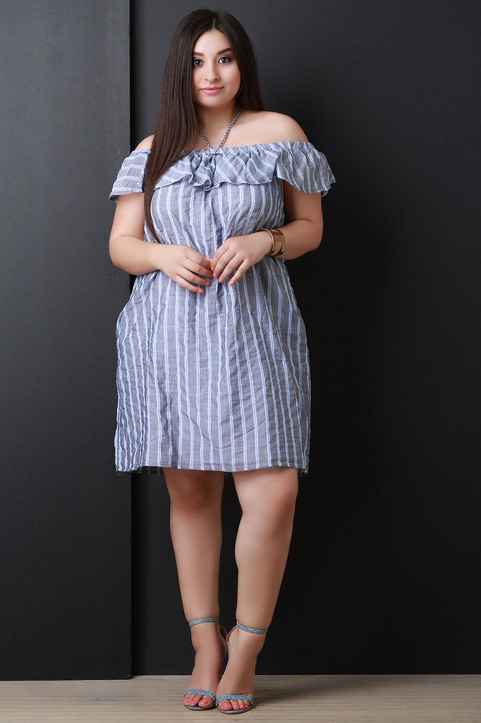 Off The Shoulder Ruffle Striped Shift Dress