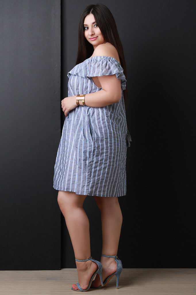 Off The Shoulder Ruffle Striped Shift Dress