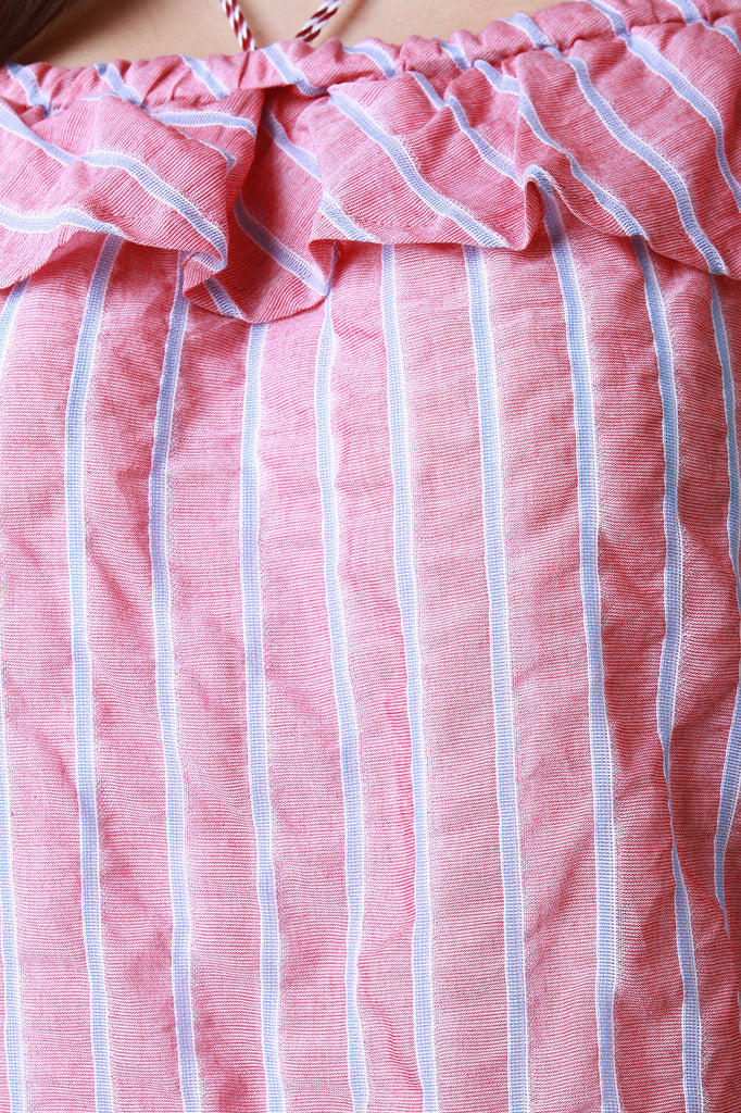 Off The Shoulder Ruffle Striped Shift Dress