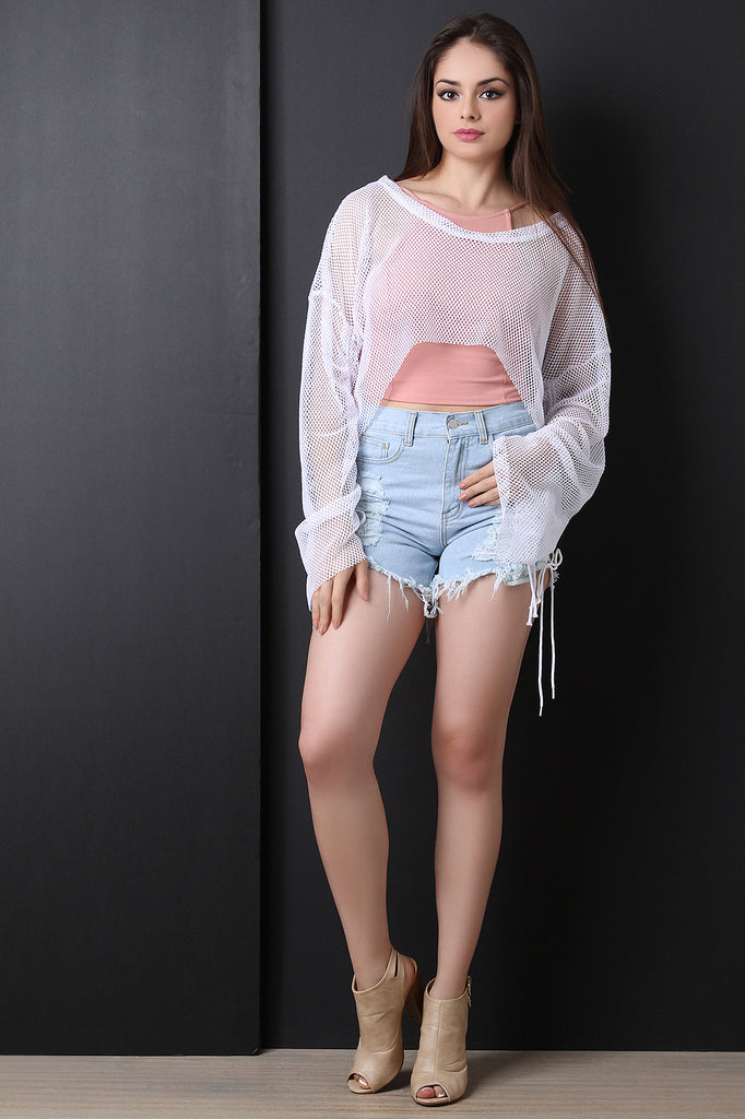 Fishnet Mesh Sharkbite Cinched Crop Top