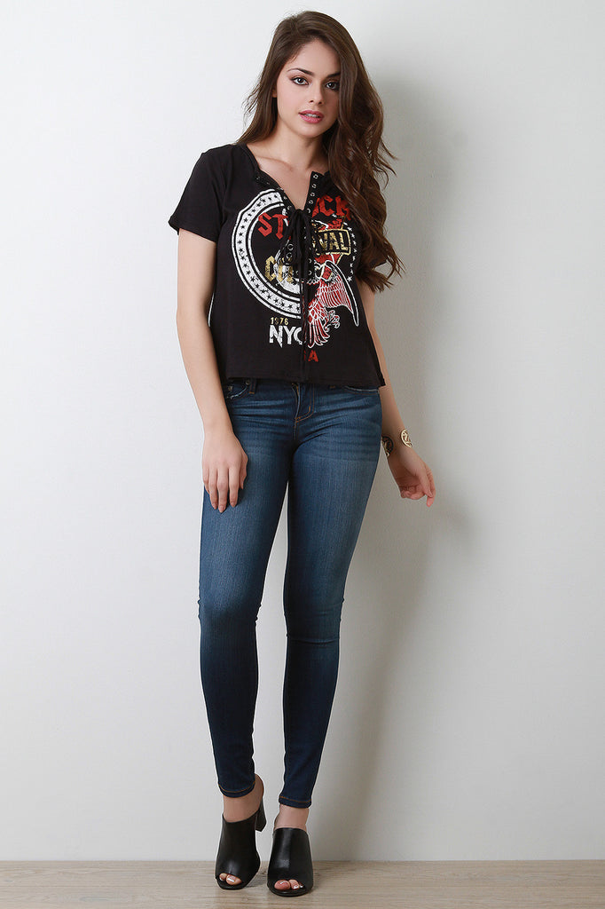 Graphic Print Lace-Up Boxy Top