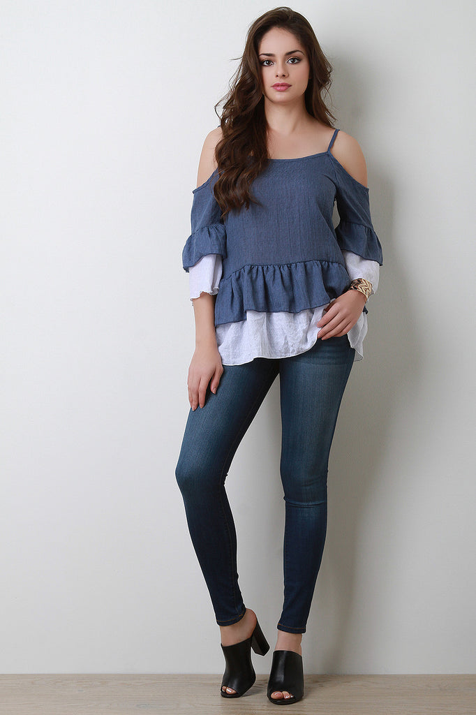 Cold Shoulder Tiered Ruffle Bell Sleeve Top