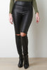 High Waist Slit Knees Vegan Leather Leggings