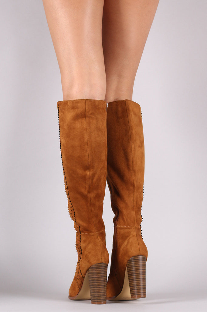 Suede Perforated Trim Chunky Heeled Knee High Boots – style