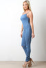 Denim Square Neck Spaghetti Strap Knee Slit Jumpsuit