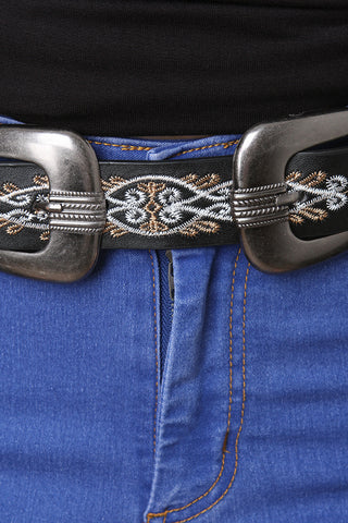 Vegan Leather Embroidered Swirls Belt
