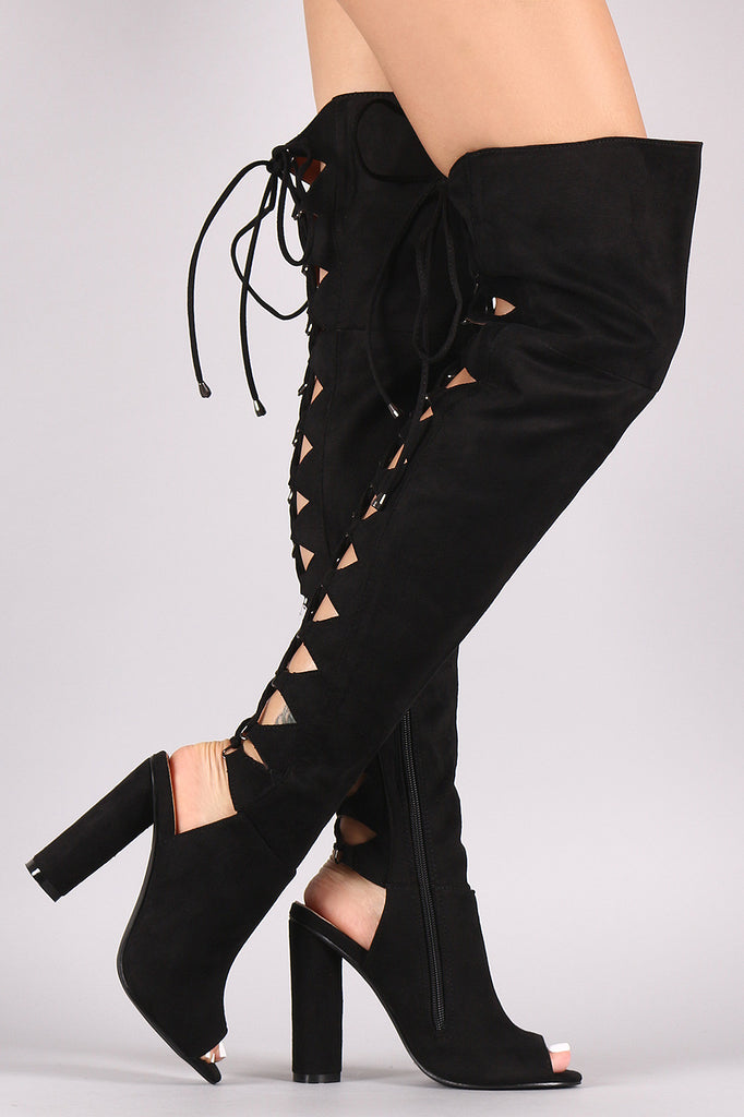 Suede Back Lace Up Chunky Heeled Over-The-Knee Boots
