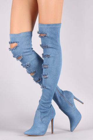 Slouchy Satin Pointy Toe Stiletto Over-The-Knee Boots