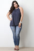 Sleeveless Embroidery Mock Neck Striped Top