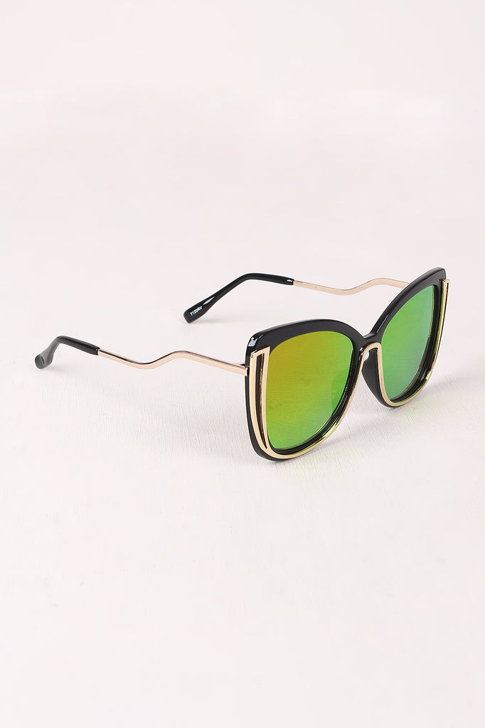Wavy Arms Metallic Accent Mirrored Butterfly Sunglasses