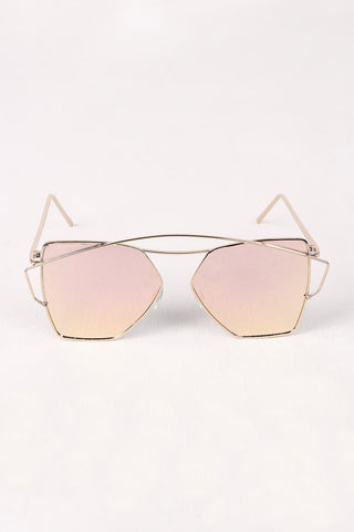Geometric-Shape Mirrored Lens Double Brow Wire Frame Sunglasses