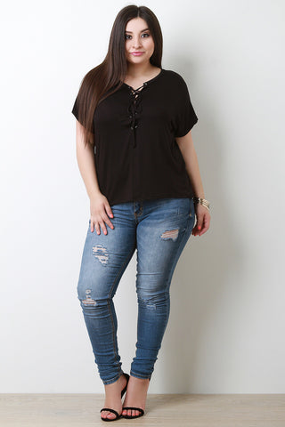 Smooth Deep-V Corset Lace-Up Top