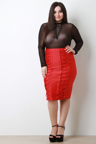 Semi-Sheer Mesh Lace-Up Bodysuit