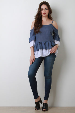 Cold Shoulder Tiered Ruffle Bell Sleeve Top
